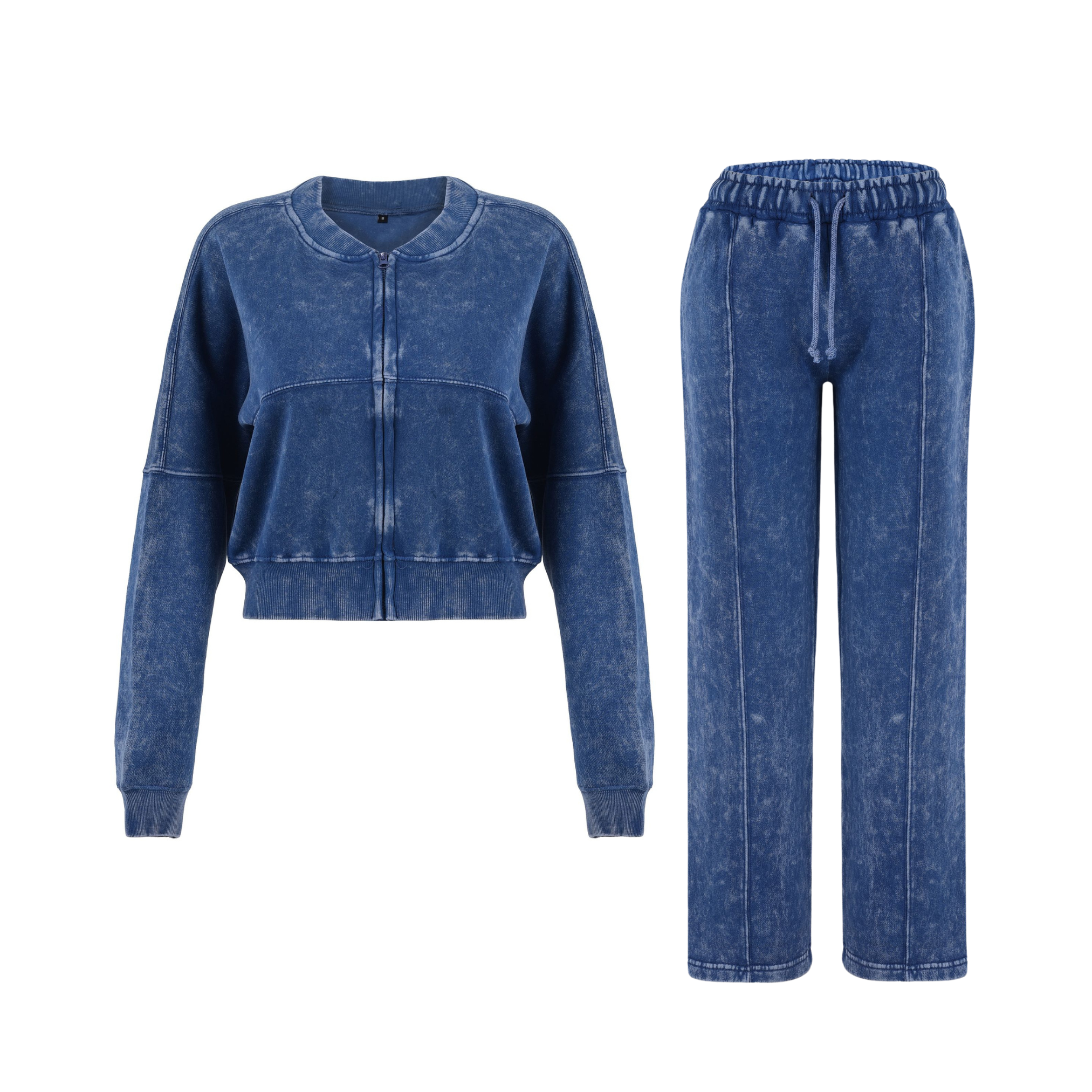 Women Acid Wash Crop Top Zip Tracksuit Straight Leg Joggers - Stylish Female Jacket