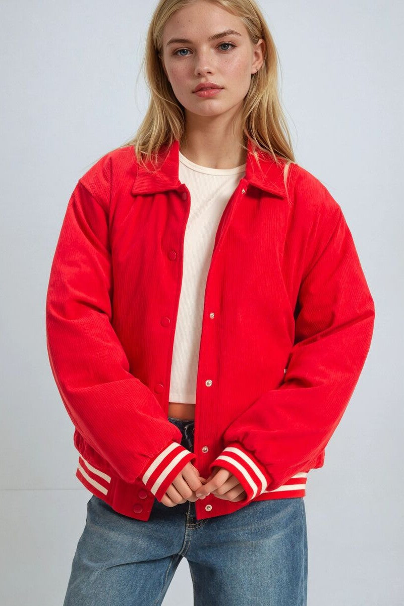 Stylish Red Corduroy Varsity Jacket with Ribbed Trim and Snap Closure