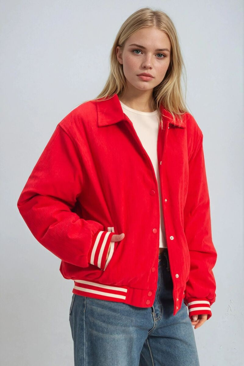 Stylish Red Corduroy Varsity Jacket with Ribbed Trim and Snap Closure