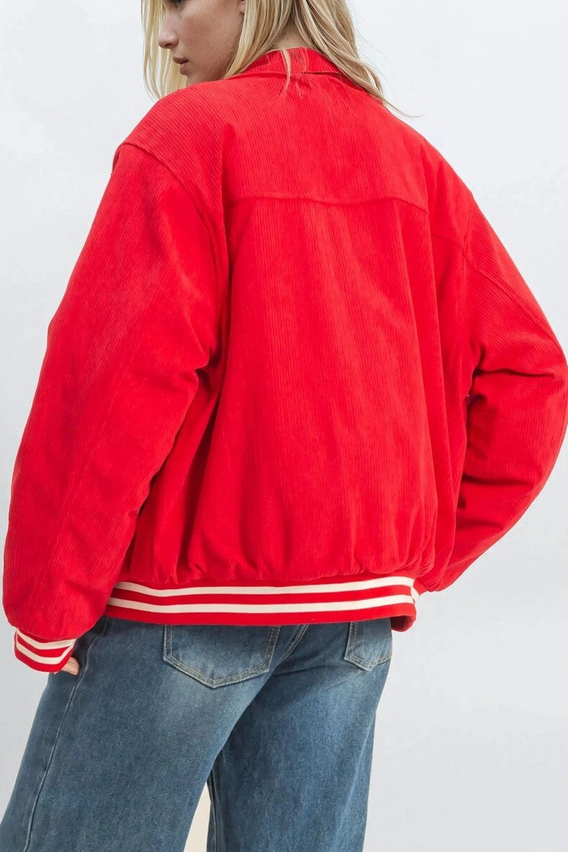 Stylish Red Corduroy Varsity Jacket with Ribbed Trim and Snap Closure