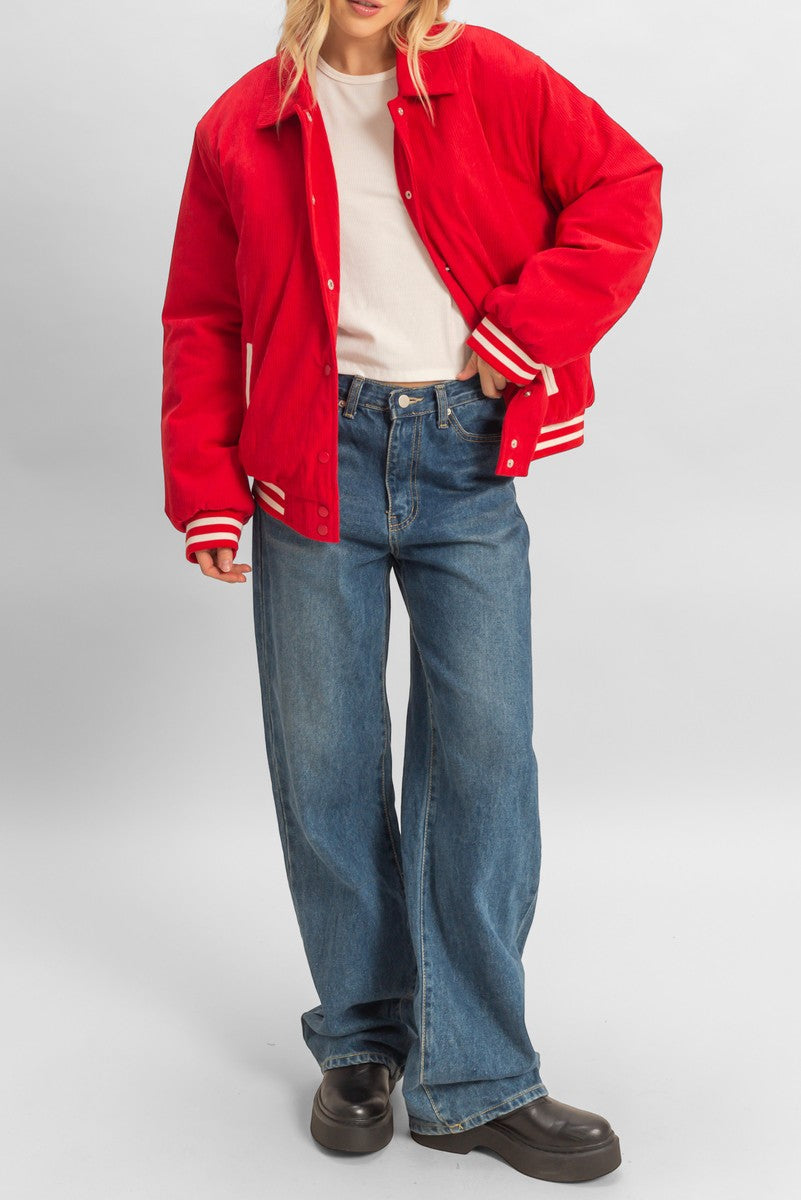 Stylish Red Corduroy Varsity Jacket with Ribbed Trim and Snap Closure