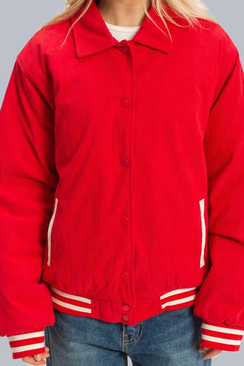 Stylish Red Corduroy Varsity Jacket with Ribbed Trim and Snap Closure