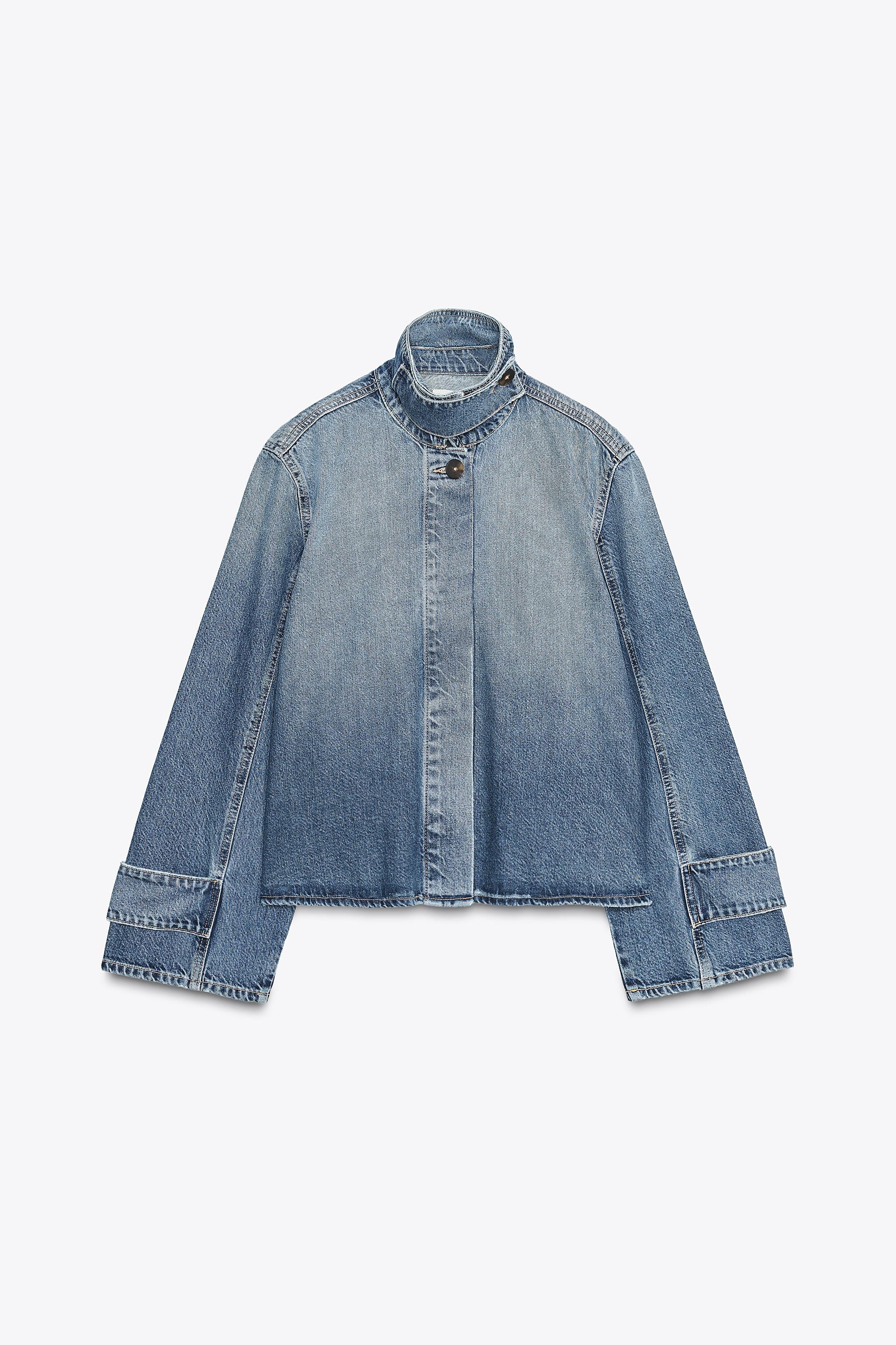 Zara TRF Women's High Neck Blue Denim Jacket: Stylish Button-Front, Long Sleeves