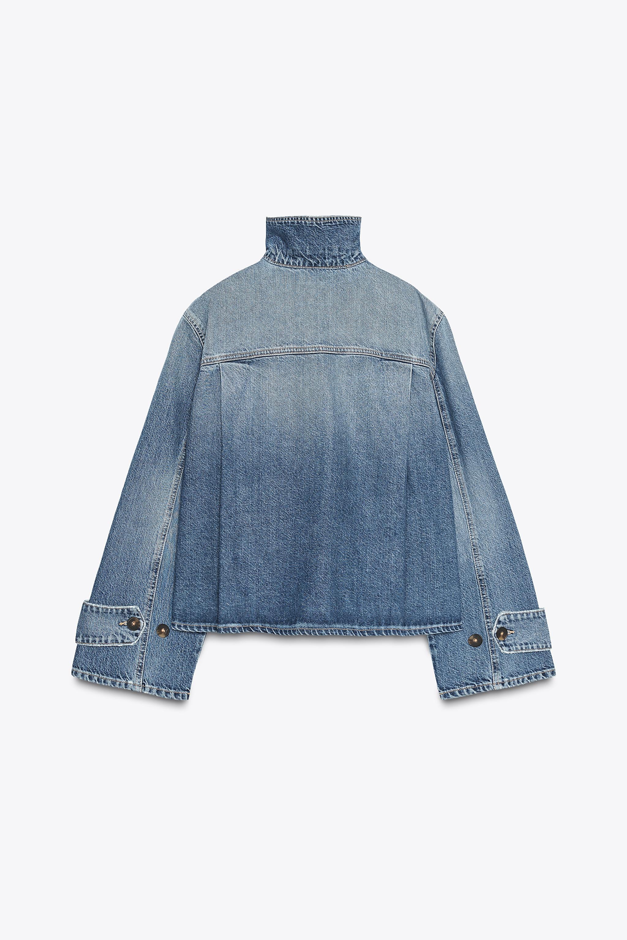 Zara TRF Women's High Neck Blue Denim Jacket: Stylish Button-Front, Long Sleeves