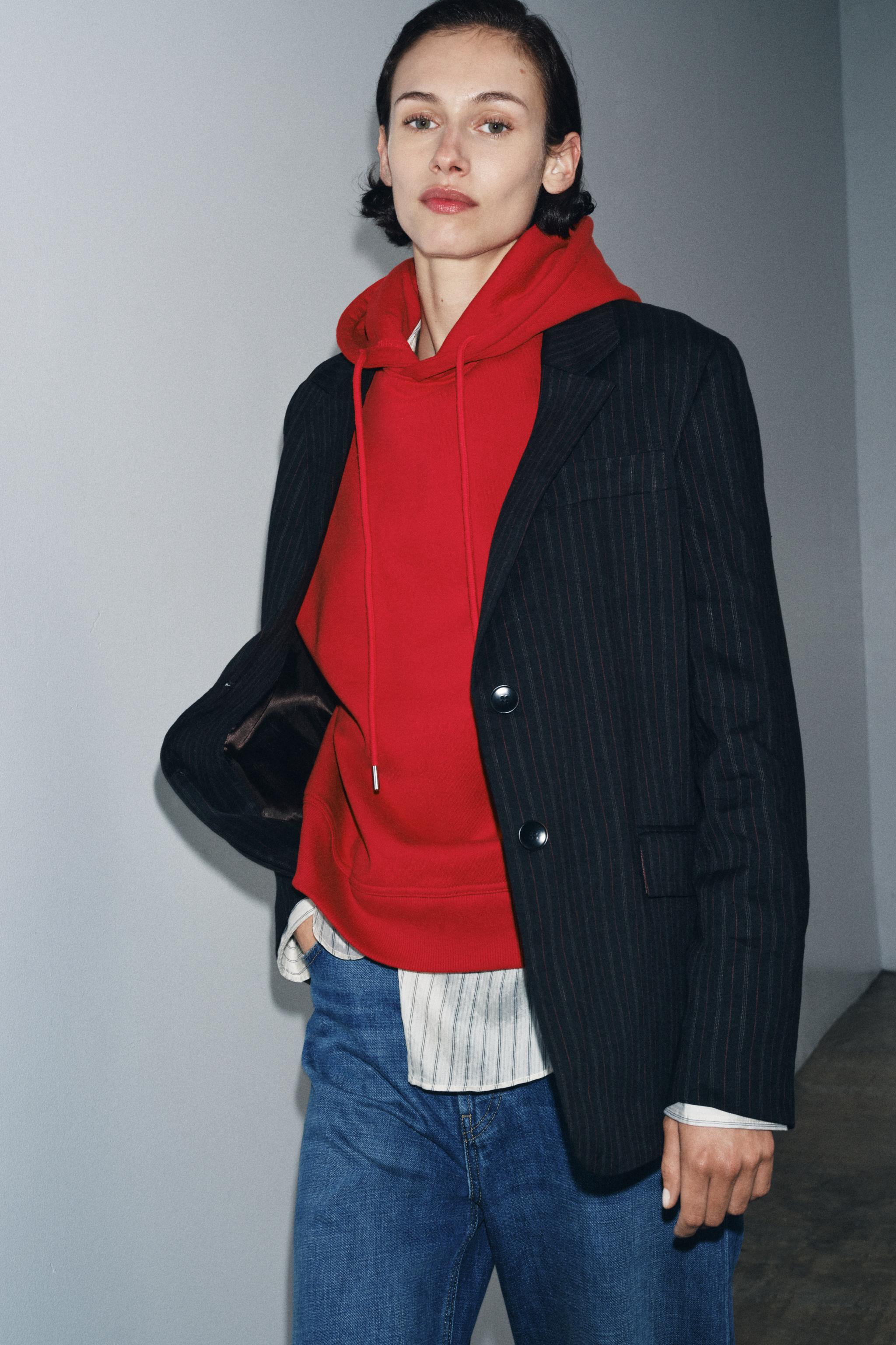 Red Cotton-Blend Oversized Hoodie with Adjustable Drawstring Hood and Long Sleeves