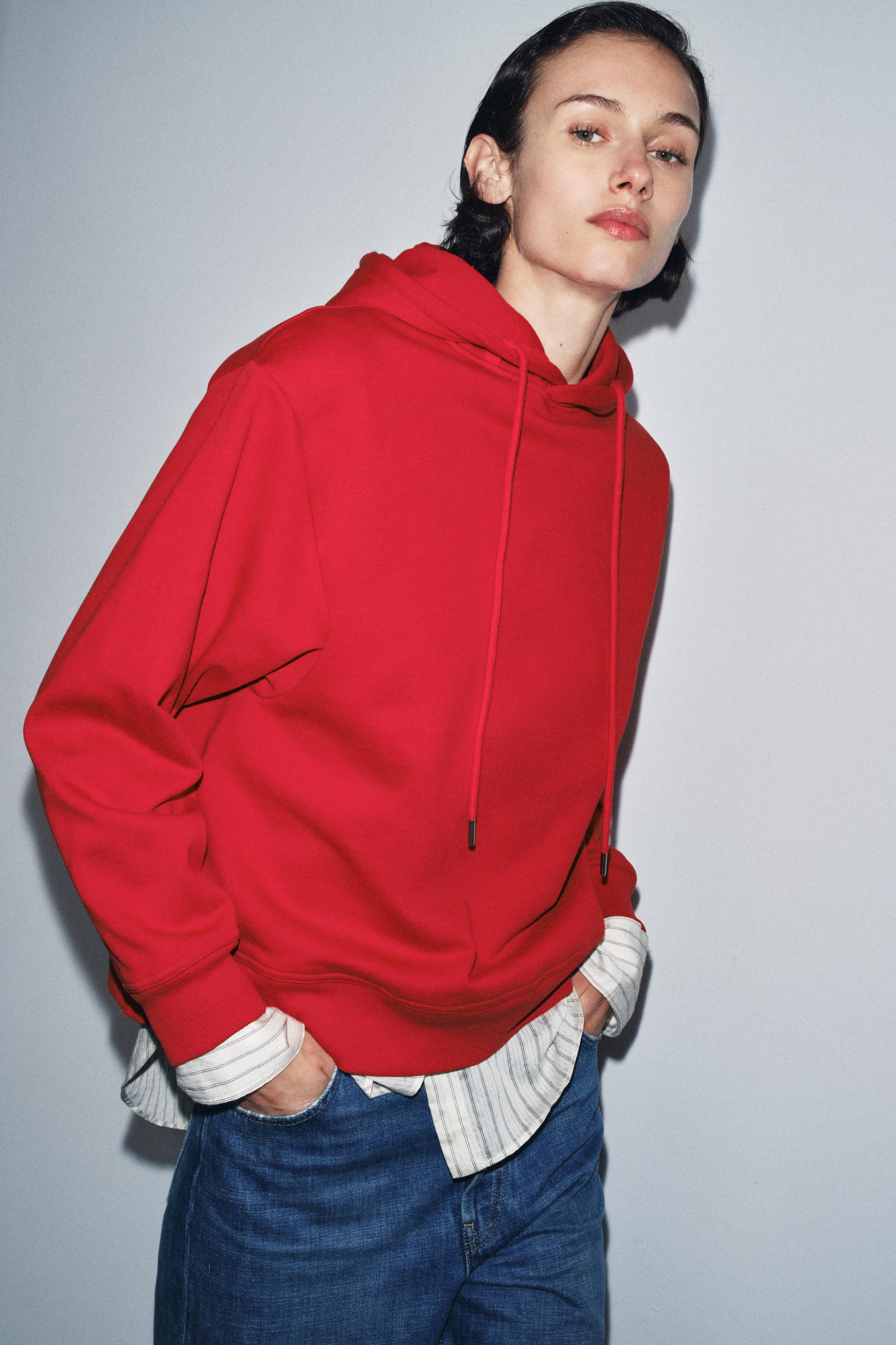 Red Cotton-Blend Oversized Hoodie with Adjustable Drawstring Hood and Long Sleeves