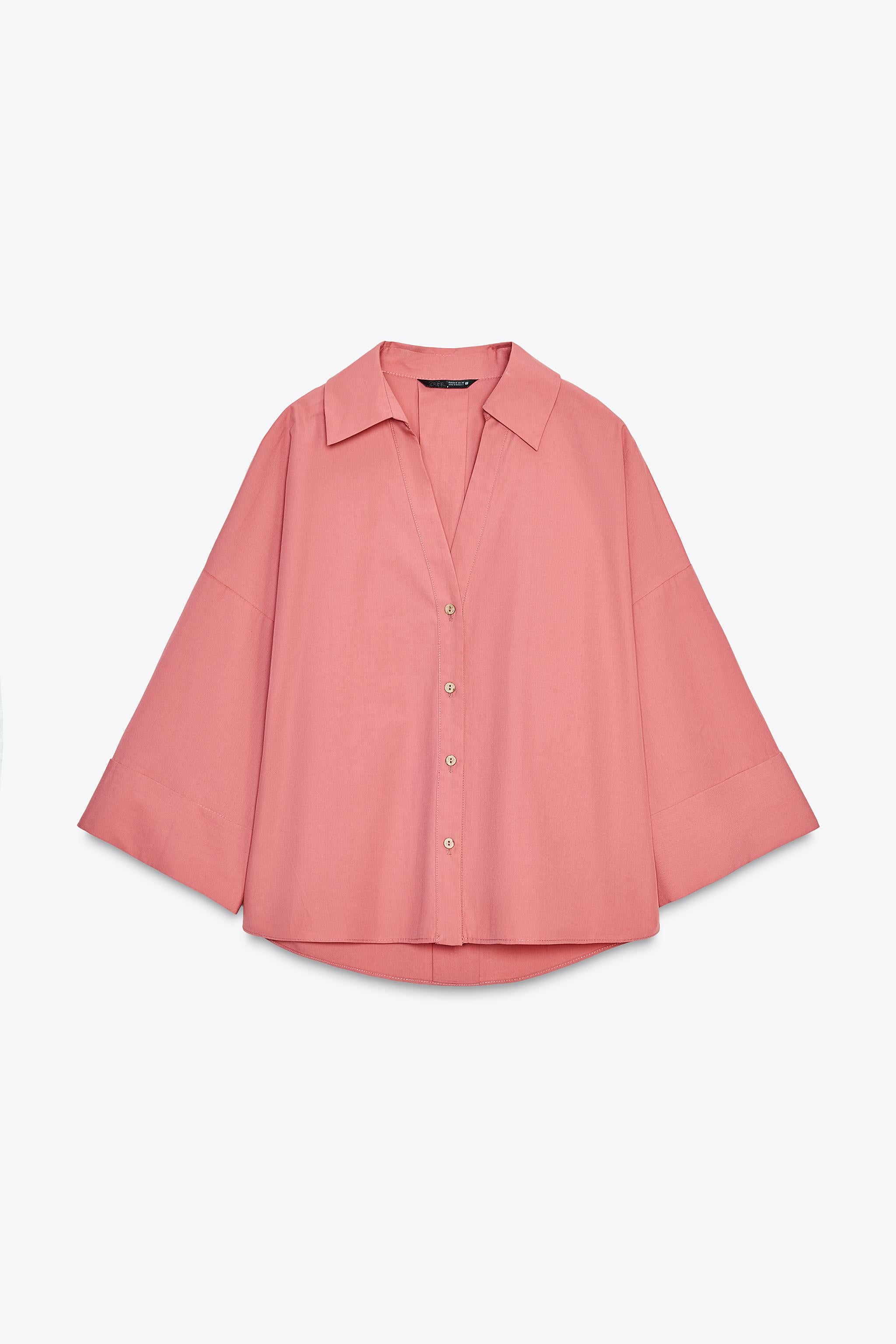 Chic Women's Wide-Sleeve Poplin Shirt: Relaxed Fit, V-Neck, Asymmetric Hem, Cuffs