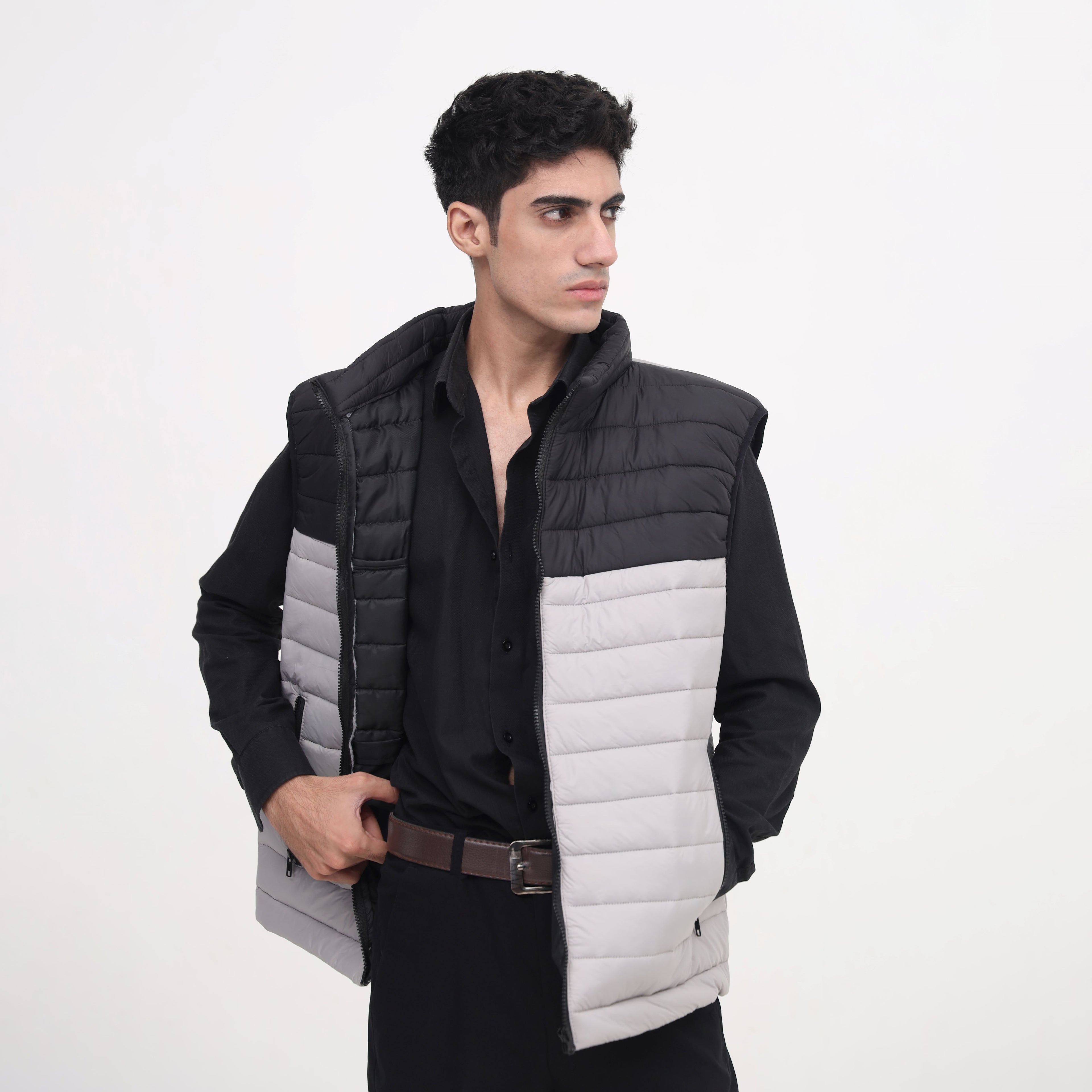 FrostSplit Sleeveless Puffer – Black Upper, Gray Lower Design