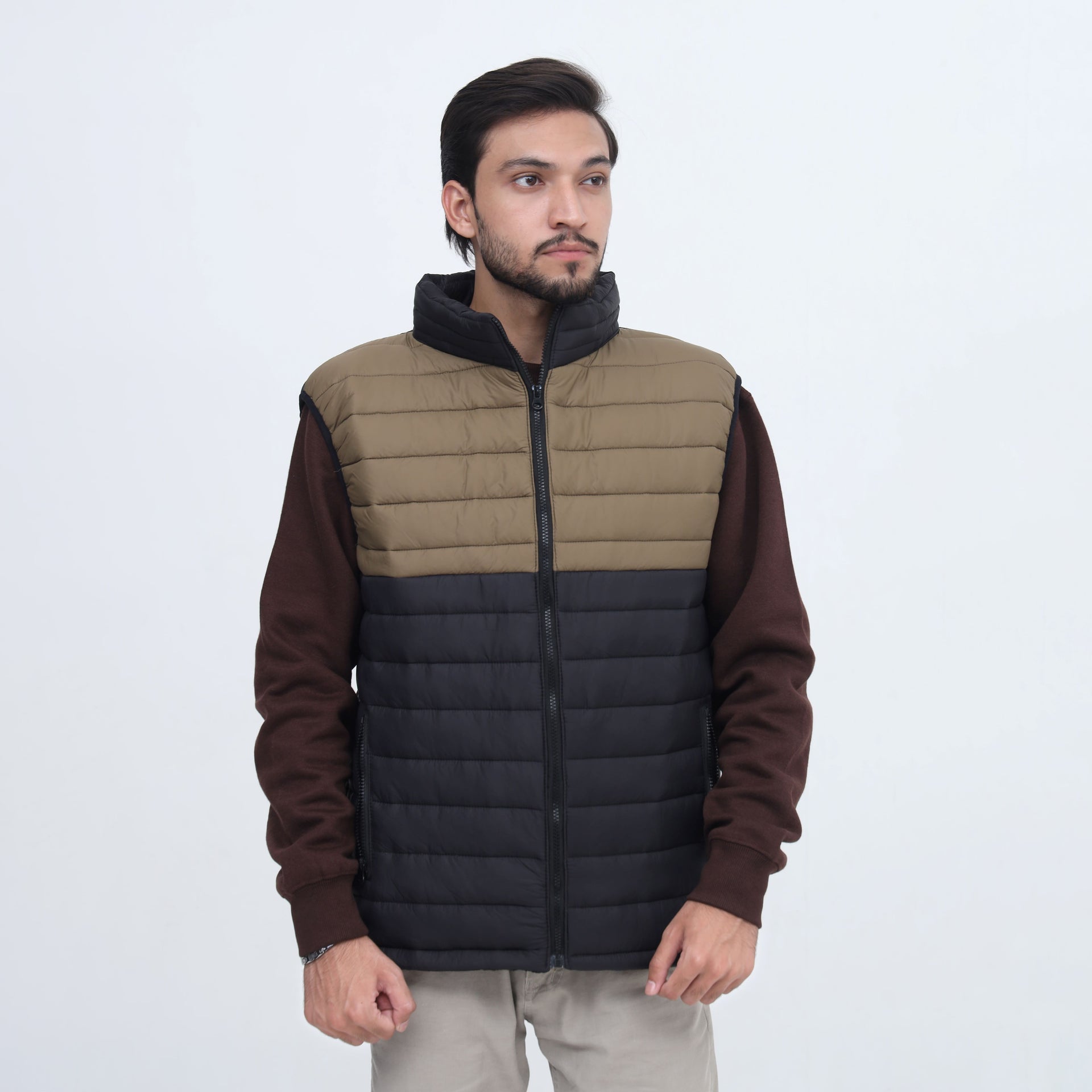 Hanzo SplitTone Quilted Puffer Jacket – Olive & Black Sleeveless Winter Jacket