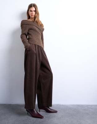 Women's Stylish Brown Corduroy Wide Leg Cropped Trousers – Comfortable Velvet-Feel Pants