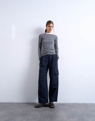 Topshop Women's Navy Tailored Barrel Leg Cargo Trousers with Utility Pockets