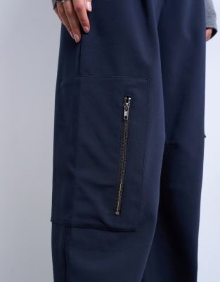 Topshop Women's Navy Tailored Barrel Leg Cargo Trousers with Utility Pockets