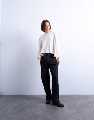 Topshop Women's Ecru Super Wide Sleeve Boxy Fit Cotton T-Shirt