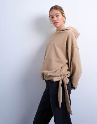 Topshop Women's Tan Seam Detail Tie Hem Hoodie - Soft Cotton Blend