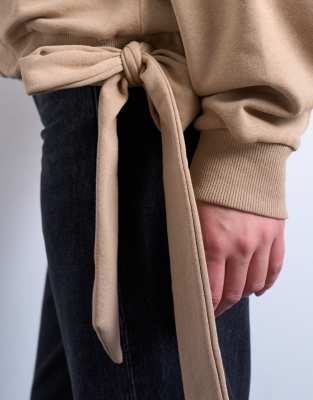 Topshop Women's Tan Seam Detail Tie Hem Hoodie - Soft Cotton Blend