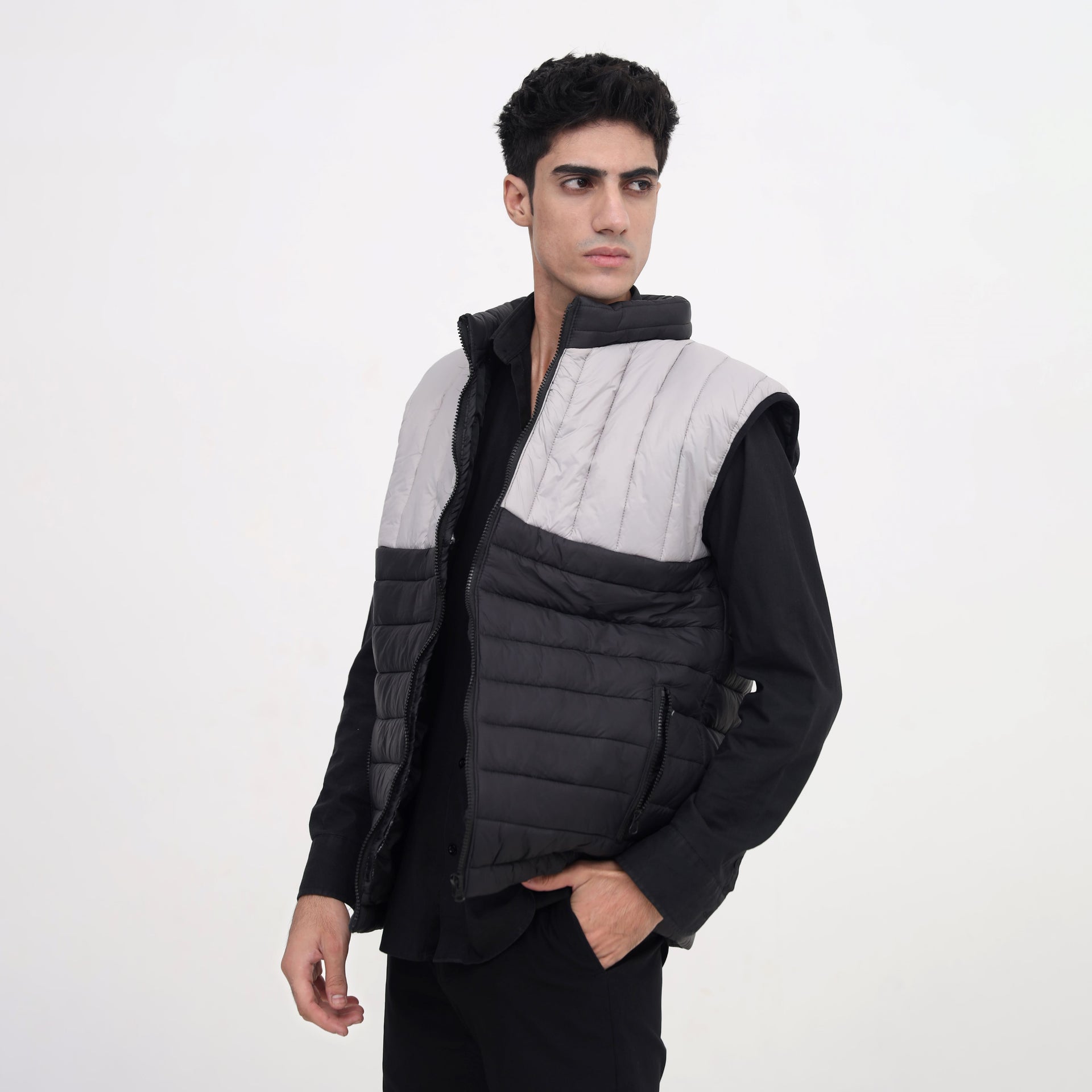 DualTone Quilted Puffer Vest – Gray & Black Sleeveless Jacket
