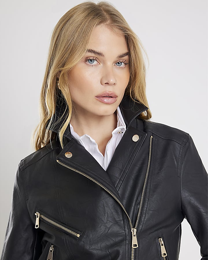 Women's Black Faux Leather Biker Jacket: Stylish Zip-Up Design for Everyday Wear