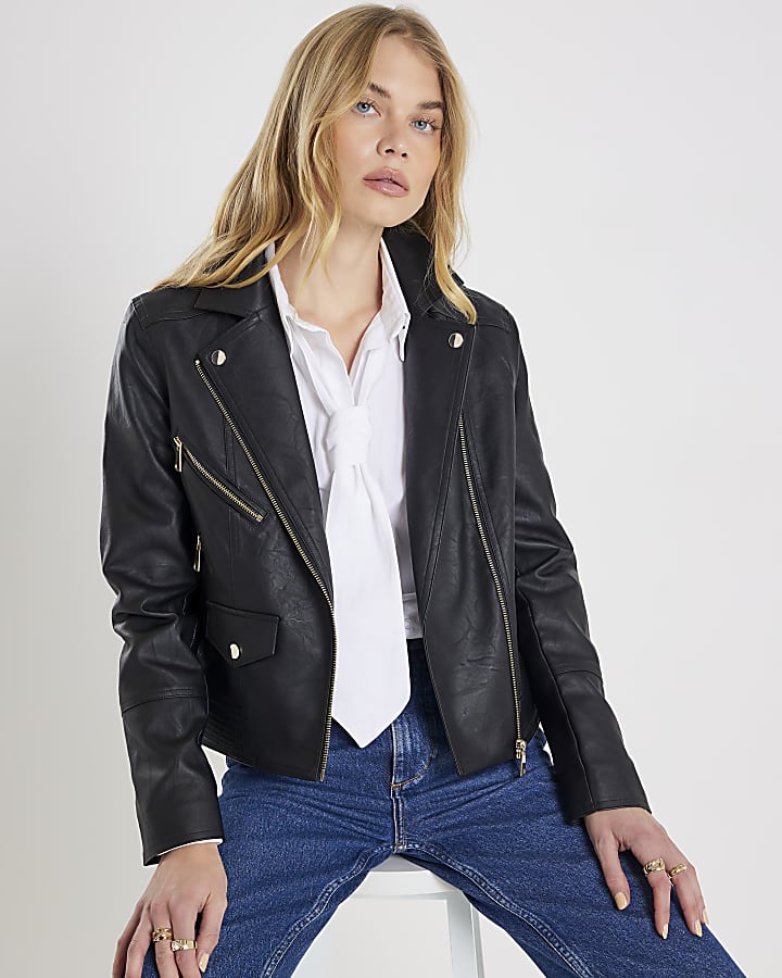 Women's Black Faux Leather Biker Jacket: Stylish Zip-Up Design for Everyday Wear