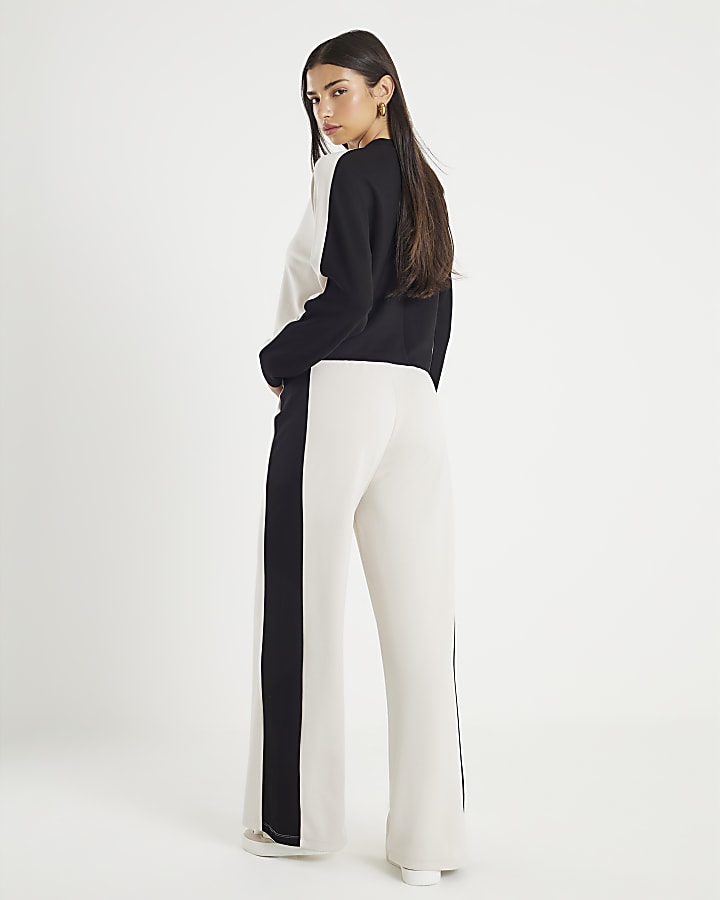 Stylish Cream Colour Block Wide Leg Trousers with Elasticated Waistband