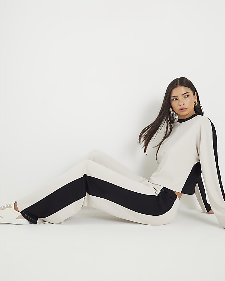 Stylish Cream Colour Block Wide Leg Trousers with Elasticated Waistband