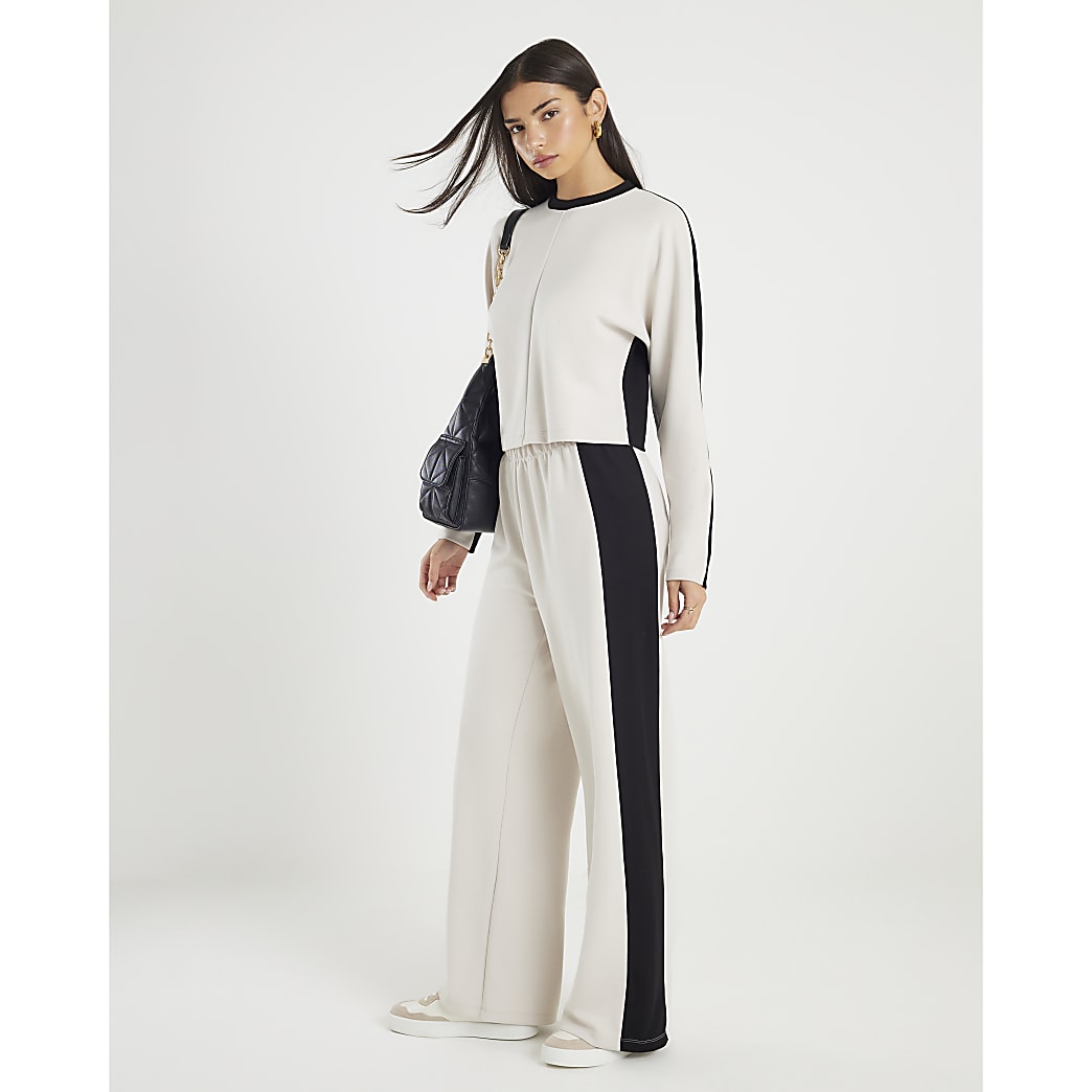 Stylish Cream Colour Block Wide Leg Trousers with Elasticated Waistband