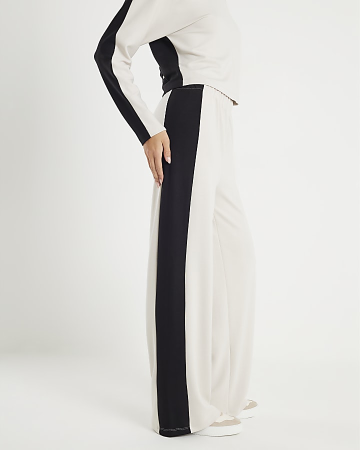 Stylish Cream Colour Block Wide Leg Trousers with Elasticated Waistband