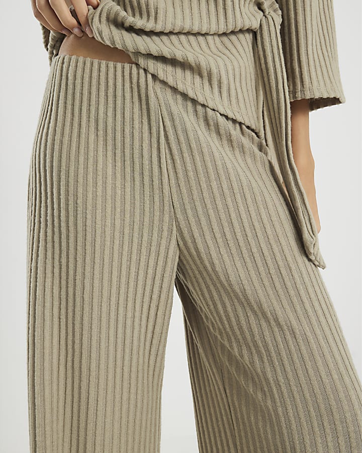 Khaki Cosy Ribbed Wide Leg Trousers for Women - Relaxed Fit