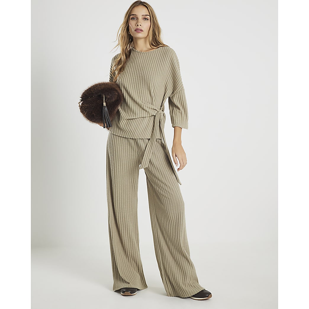Khaki Cosy Ribbed Wide Leg Trousers for Women - Relaxed Fit