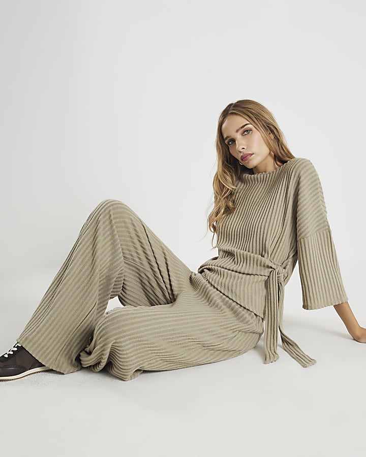 Khaki Cosy Ribbed Wide Leg Trousers for Women - Relaxed Fit