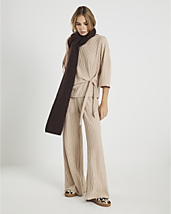 Khaki Cosy Ribbed Wide Leg Trousers for Women - Relaxed Fit