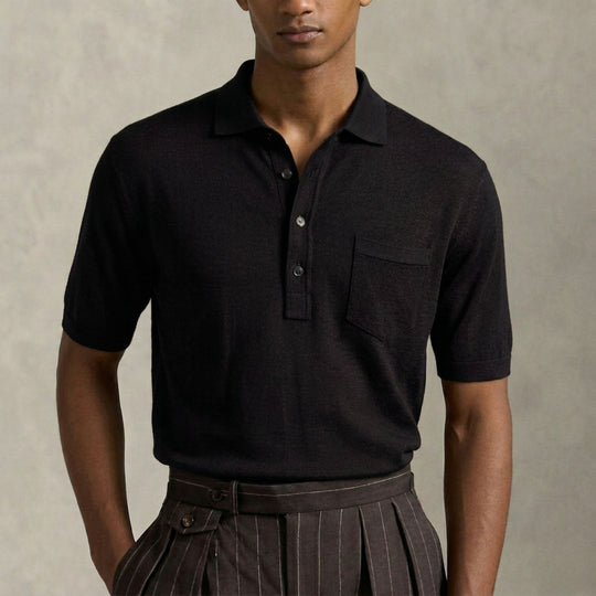 Extended Placket Heritage Black Polo Shirt