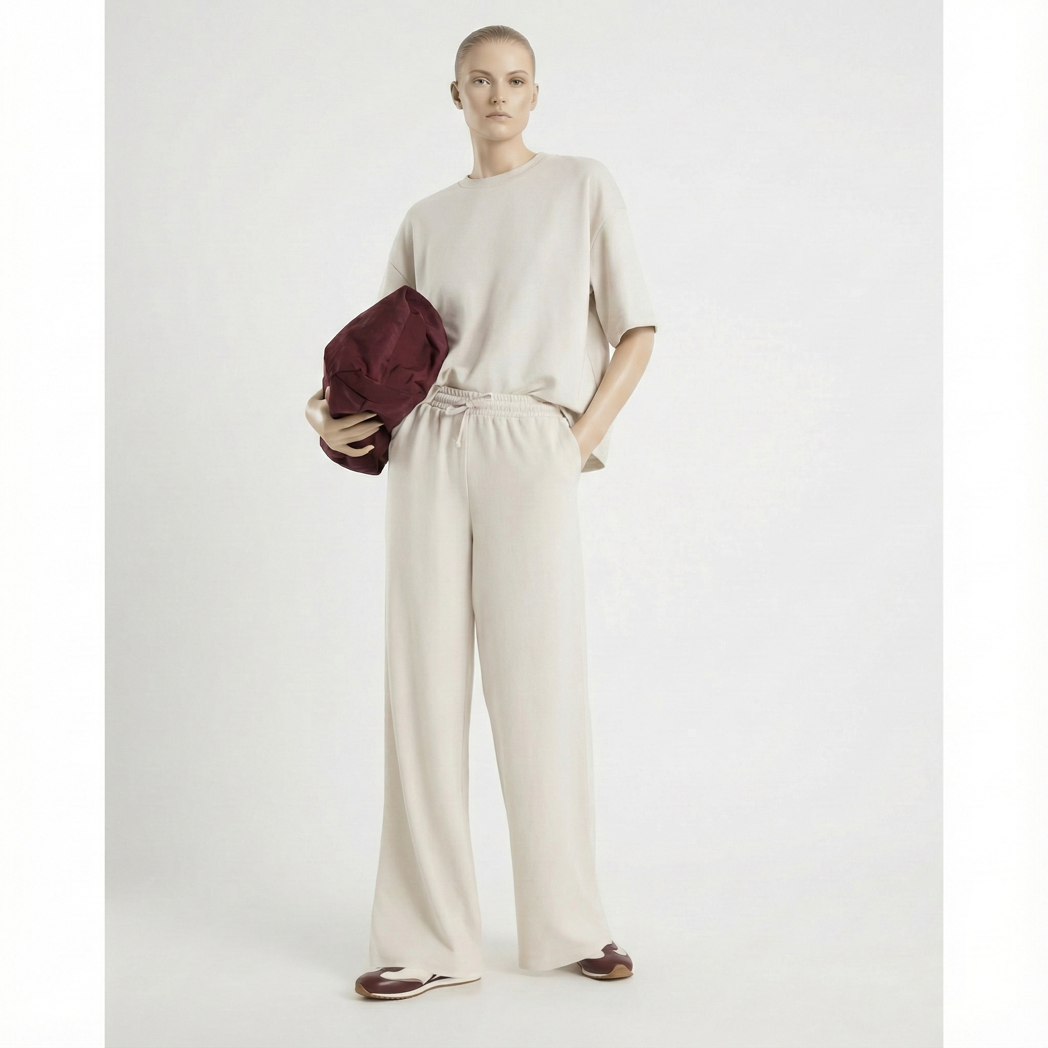 Cream Premium High-Waisted Wide Leg Joggers