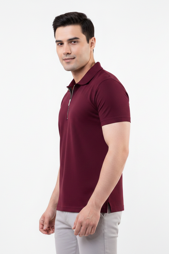 Meridian Maroon Zip Polo Shirt Pakistan Close up