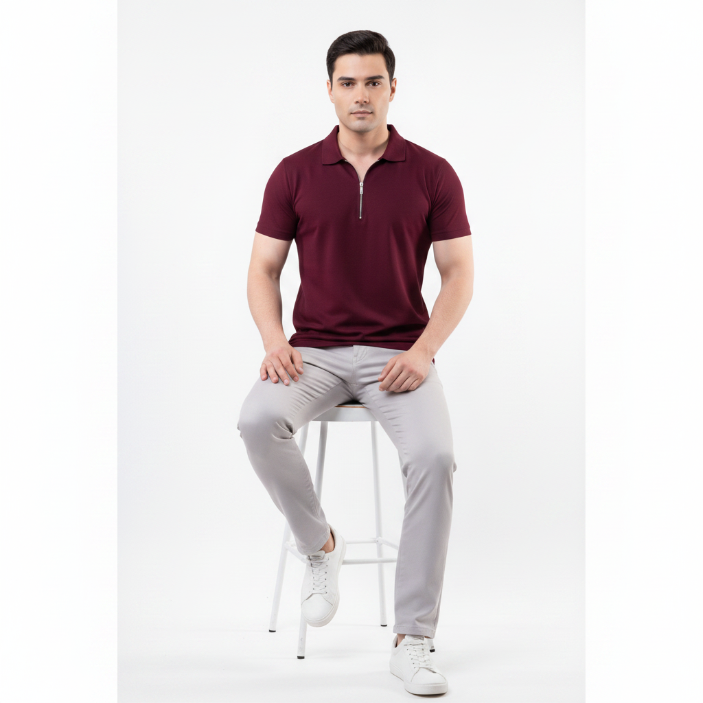 Man sitting on a stool wearing a maroon polo shirt and light gray pants against a white background