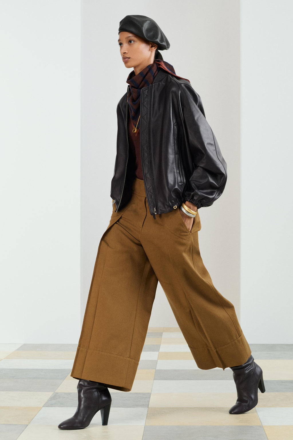 Women's Luxurious Dark Plum Leather Bomber Jacket with Elastic Details