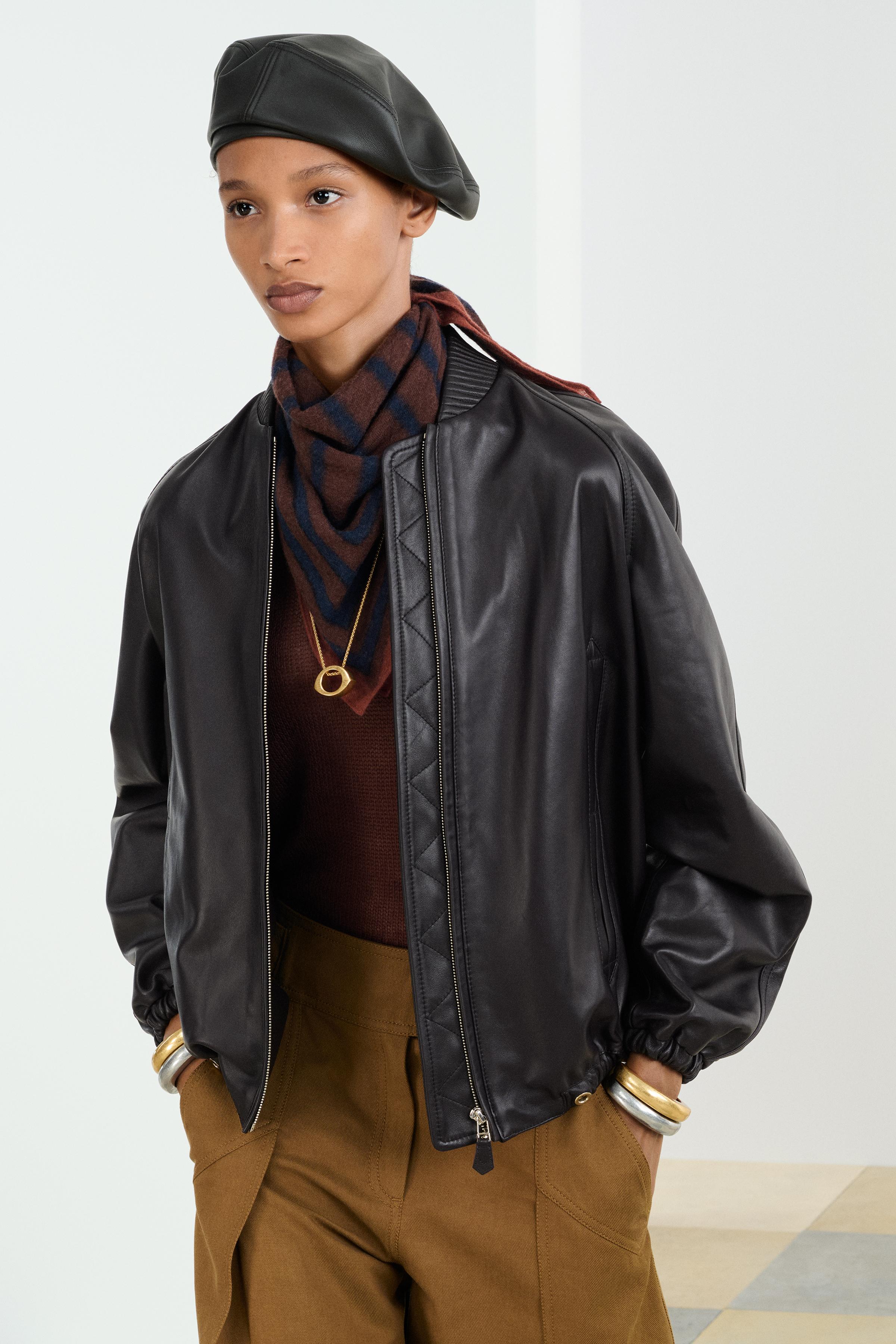 Women's Luxurious Dark Plum Leather Bomber Jacket with Elastic Details