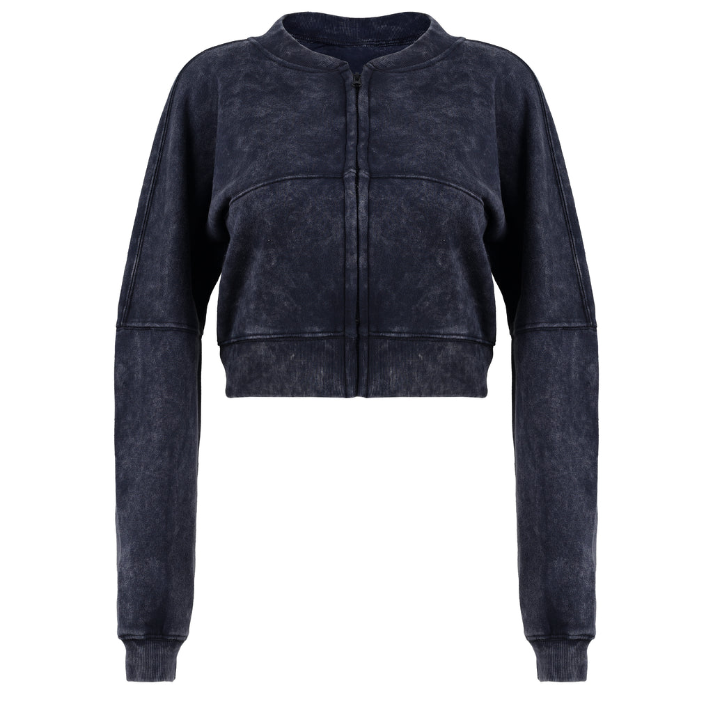Women Acid Wash Crop Top Zip Tracksuit Straight Leg Joggers - Stylish Female Jacket