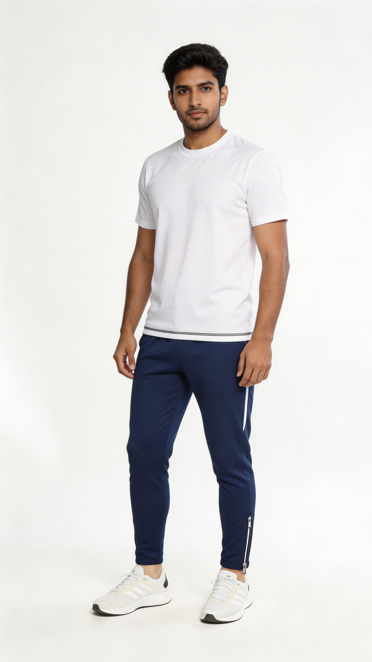 Navy Interlock Bottoms with Piping and Ankle Zips