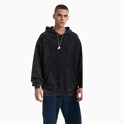 Acid Wash Hoodie Black & Blue Heavyweight Blank Streetwear Pullover - Absanoh Pakistan