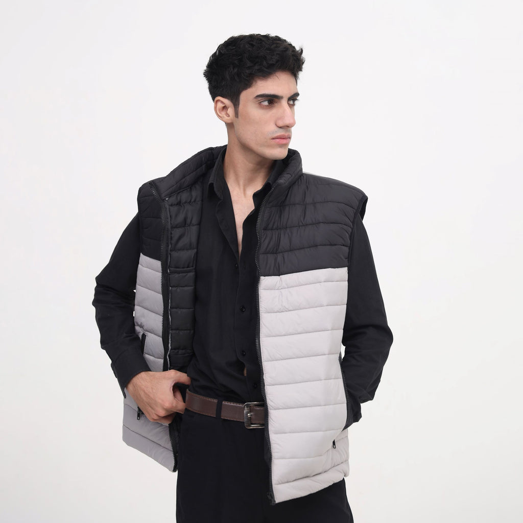 FrostSplit Sleeveless Puffer – Black Upper, Gray Lower Design - Absanoh Pakistan