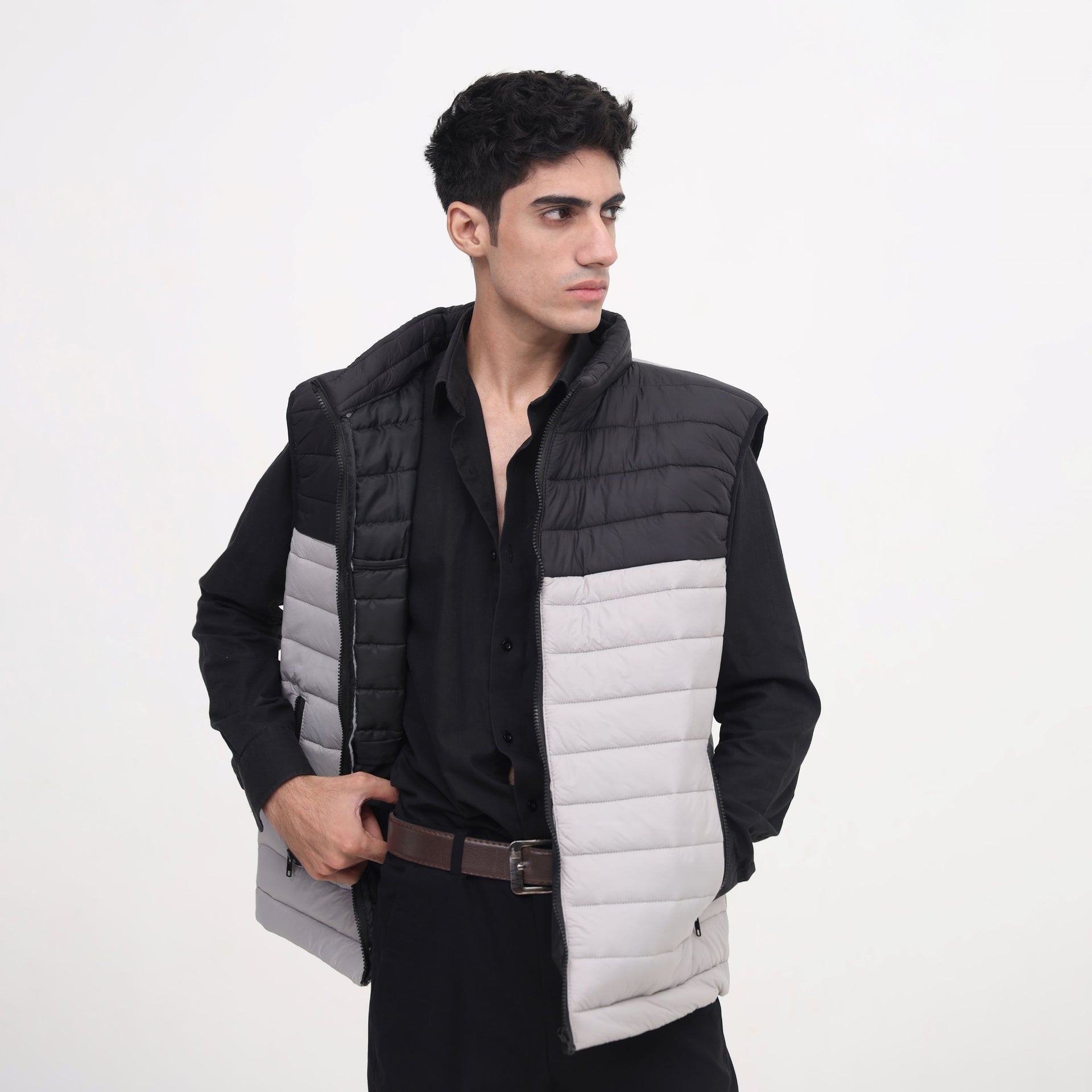 FrostSplit Sleeveless Puffer – Black Upper, Gray Lower Design - Absanoh Pakistan