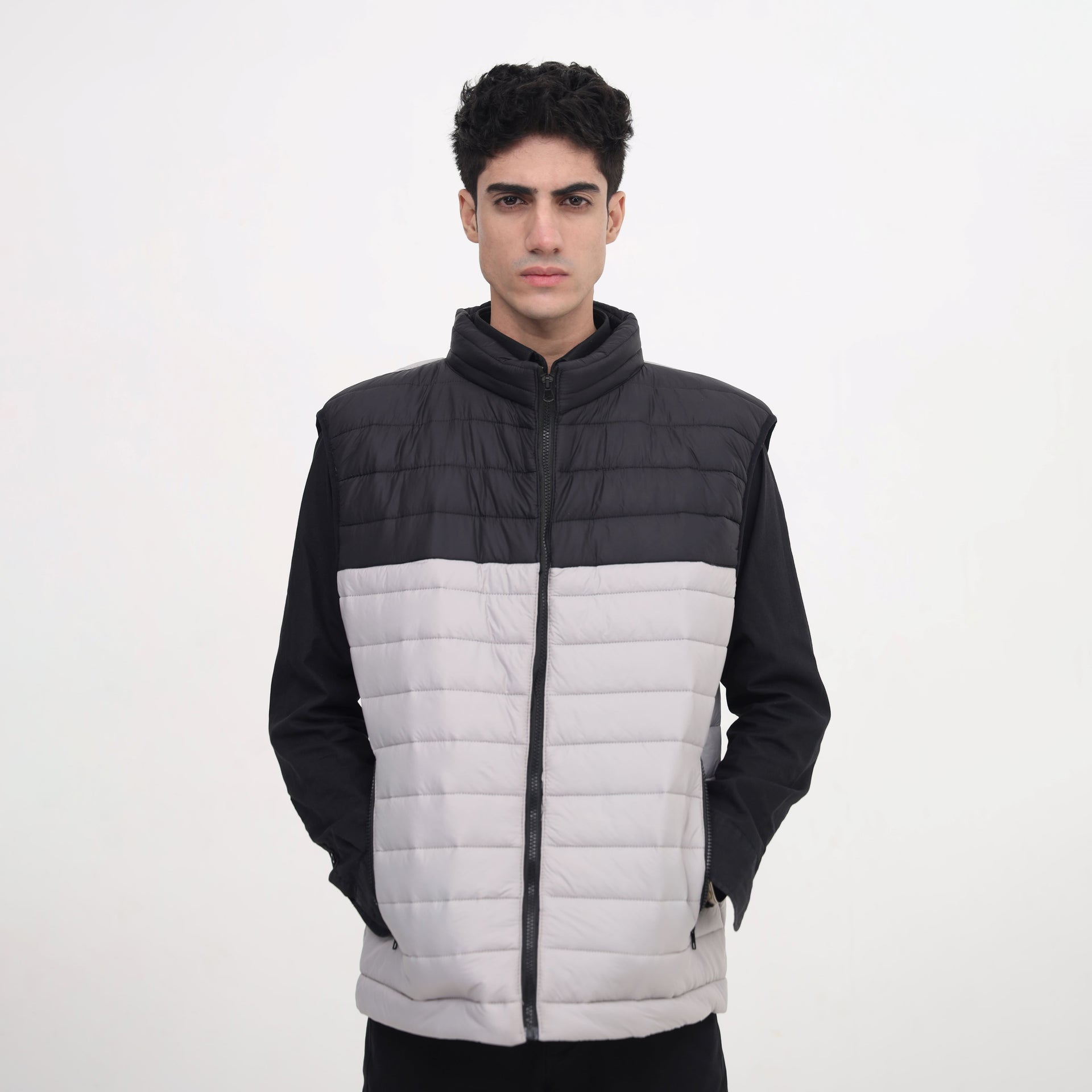 FrostSplit Sleeveless Puffer – Black Upper, Gray Lower Design - Absanoh Pakistan
