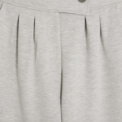 Chic Grey Tailored Wide Leg Trousers with Pleats & Elastic Waistband