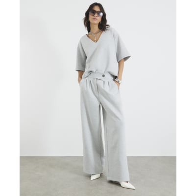 Chic Grey Tailored Wide Leg Trousers with Pleats & Elastic Waistband