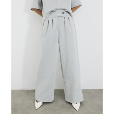 Chic Grey Tailored Wide Leg Trousers with Pleats & Elastic Waistband