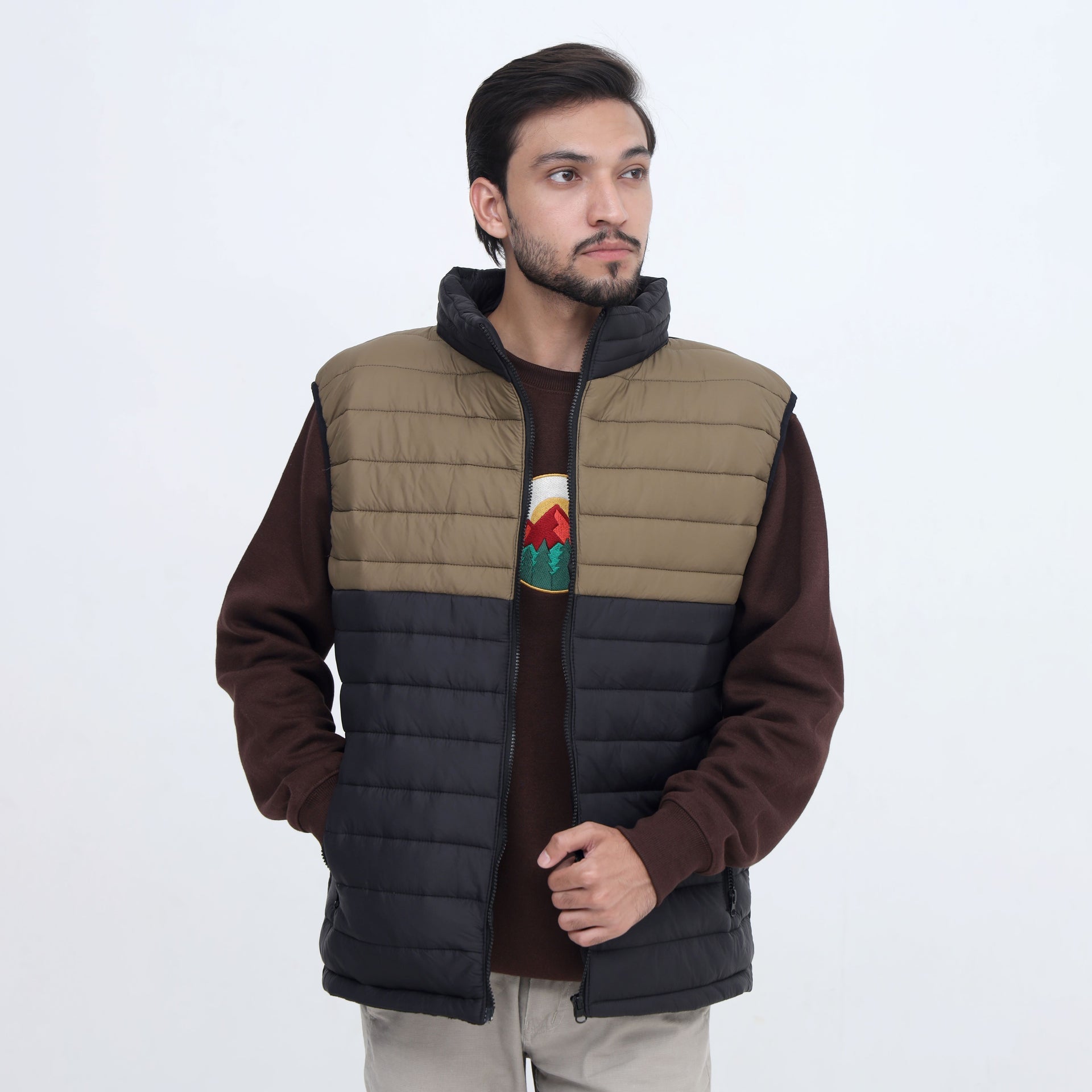 Hanzo SplitTone Quilted Puffer Jacket – Olive & Black Sleeveless Winter Jacket - Absanoh Pakistan