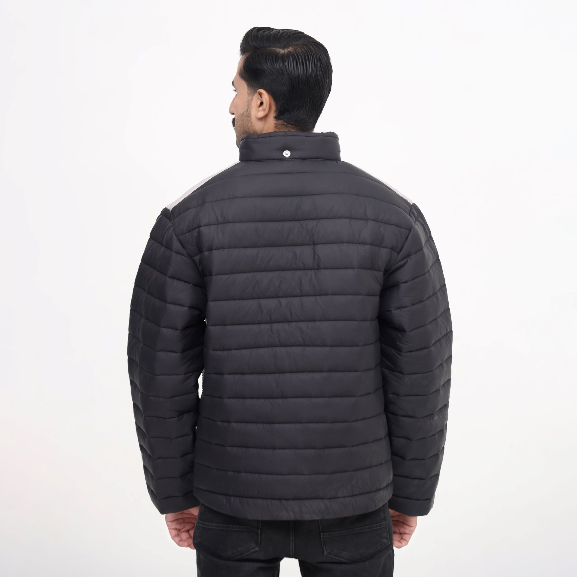 MetroSplit Quilted Puffer Jacket – Gray & Black Urban Jacket - Absanoh Pakistan