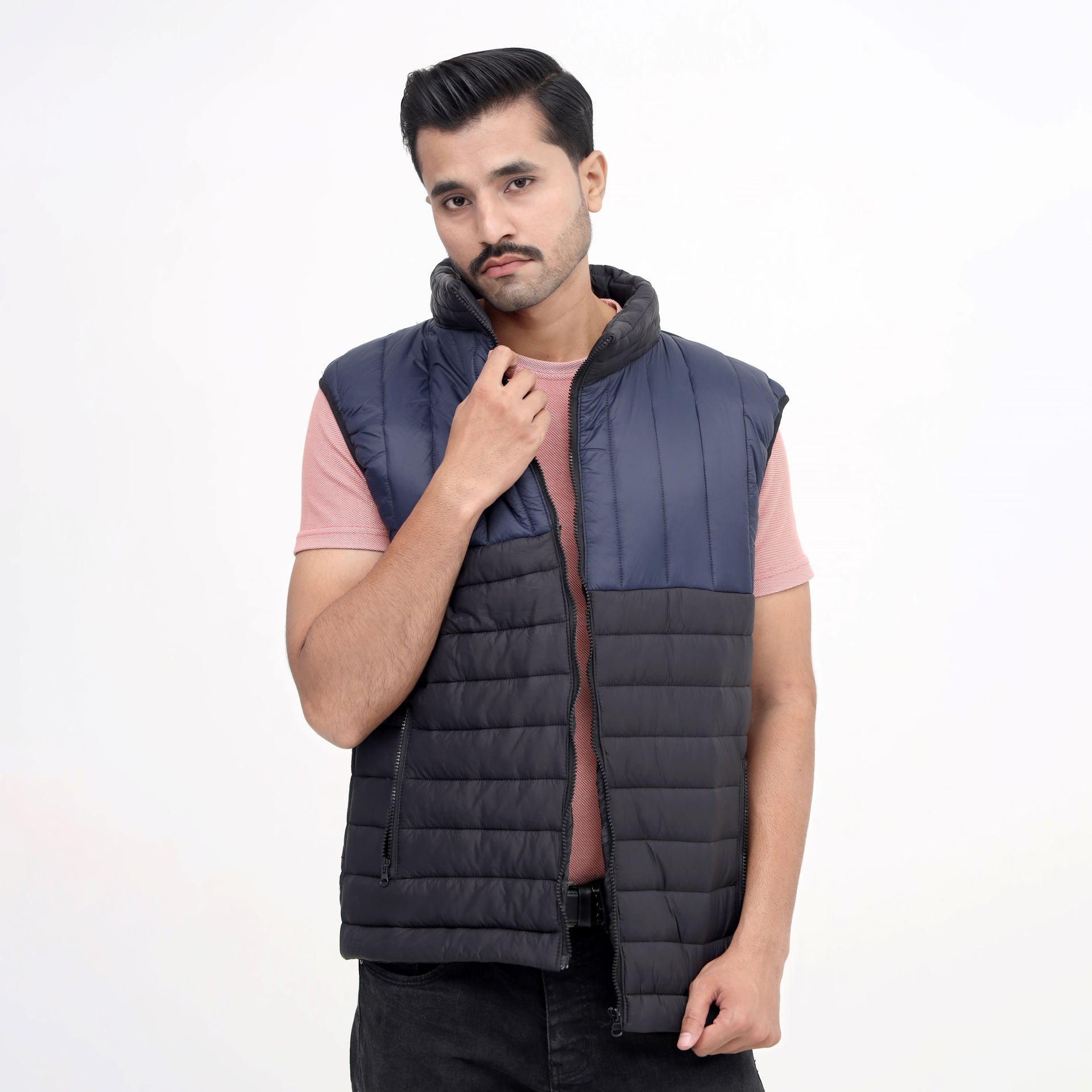 MidnightSplit Quilted Puffer Vest – Navy & Black Sleeveless Jacket - Absanoh Pakistan