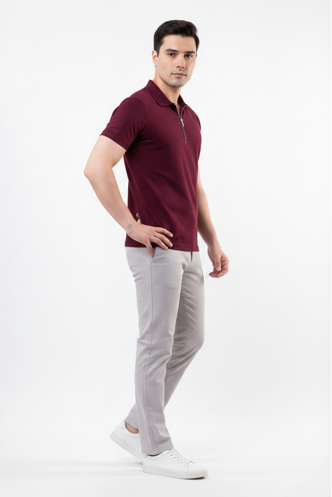 Man wearing a maroon polo shirt and light gray pants on a white background