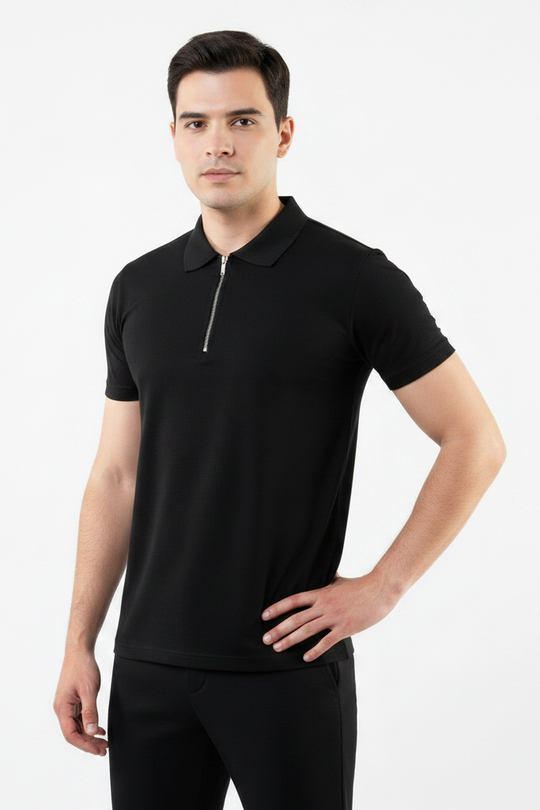 Meridian Jet Black Zip Polo Shirt